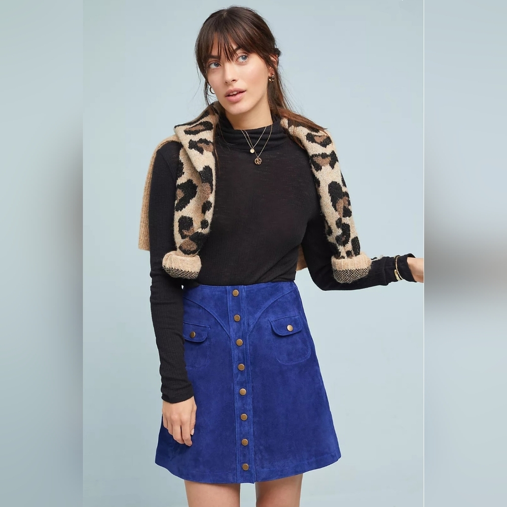 Anthropologie Blue 100% Suede Leather A-Line Button Down Skirt - Picture 2 of 11